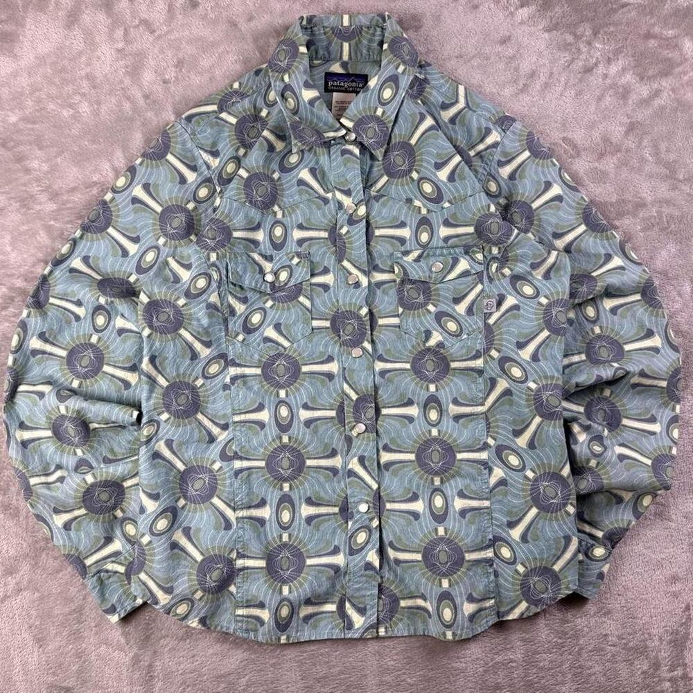 Patagonia Rhythm Pearl Snap Shirt Women’s M Blue Print Organic Cotton